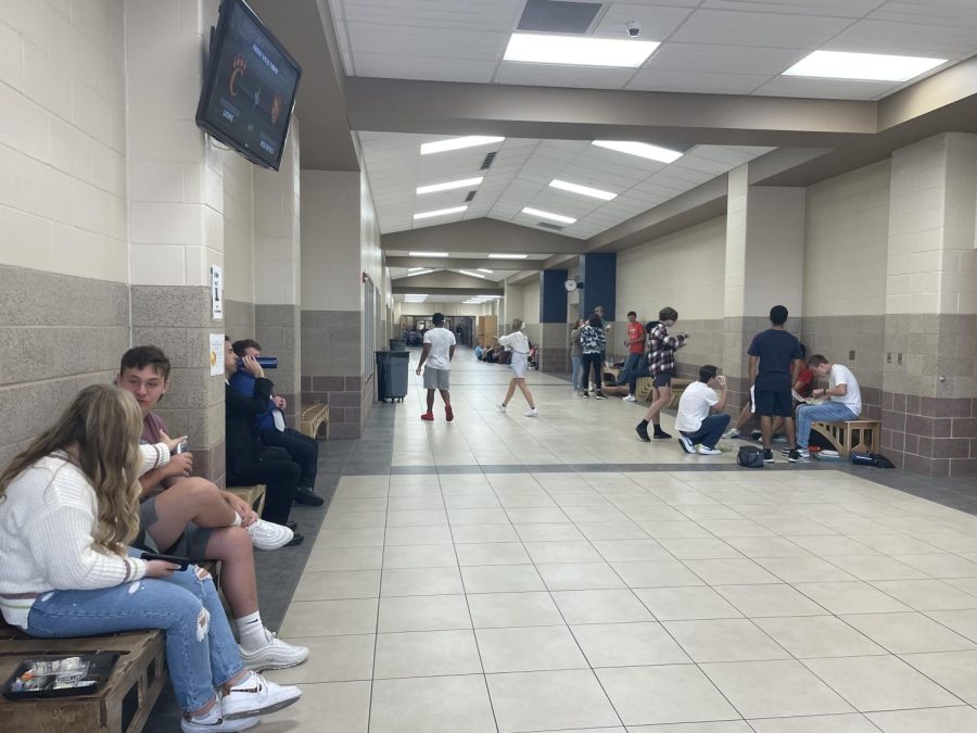 Students sit in the cafeteria eating and socializing with their friends. Students are able to sit wherever with whoever, and get an entire hour of freedom. 