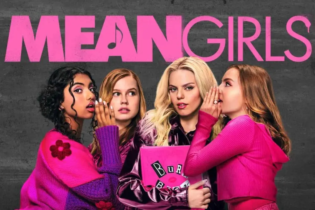 A poster for Mean Girls (2024) featuring Avantika Vandanapu, Angourie Rice, Renee Rapp, and Bebe Wood.
