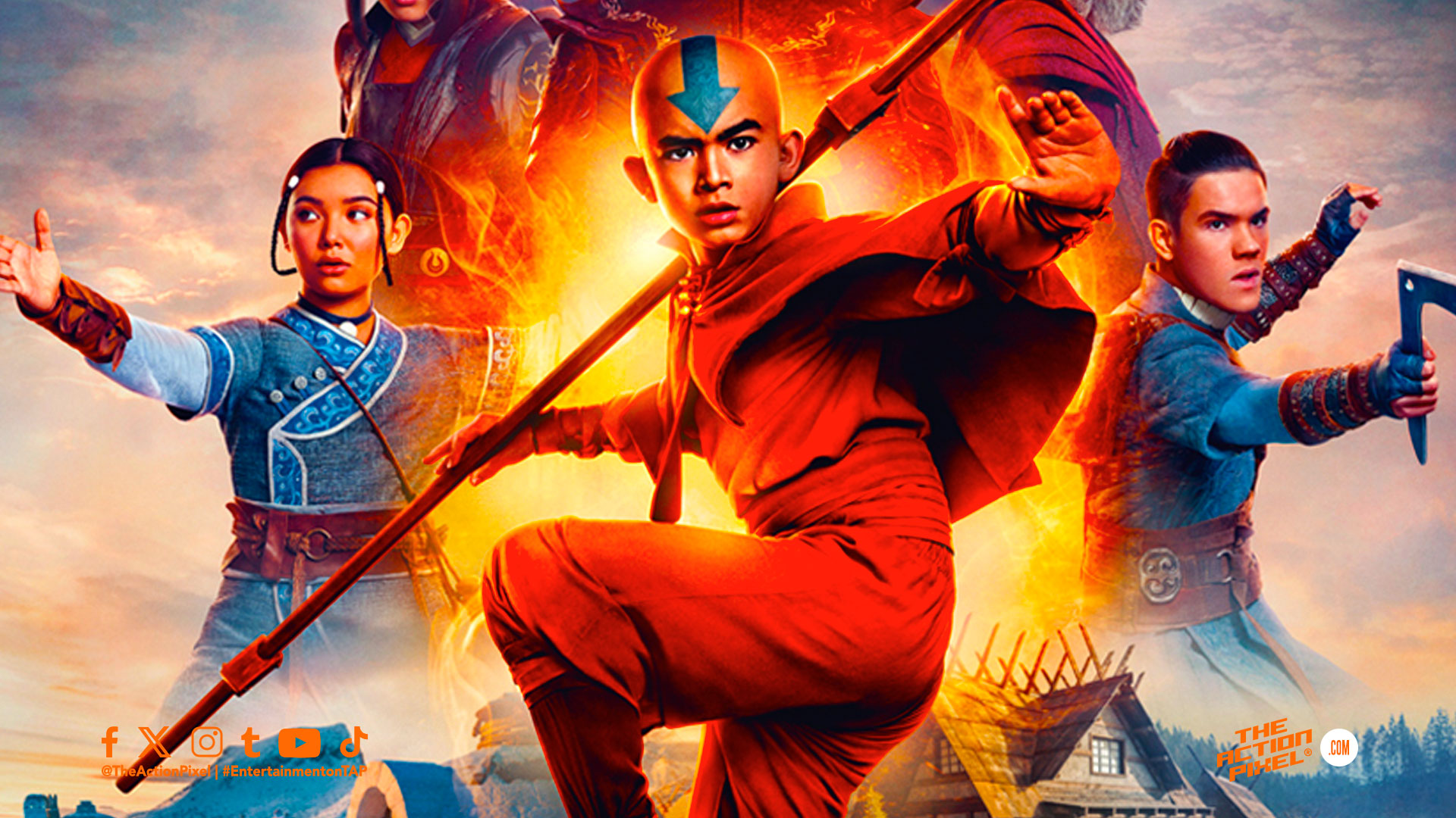 A poster for Avatar the Last Airbender (2024) featuring Kiawentiio, Gordan Cormier, and Ian Ousley.