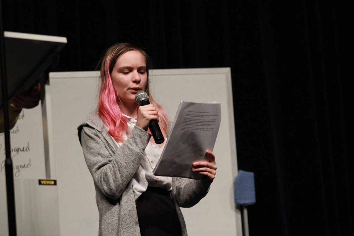 Allyson Goldman (Class of 2024) presents a bill during the General Assembly. 