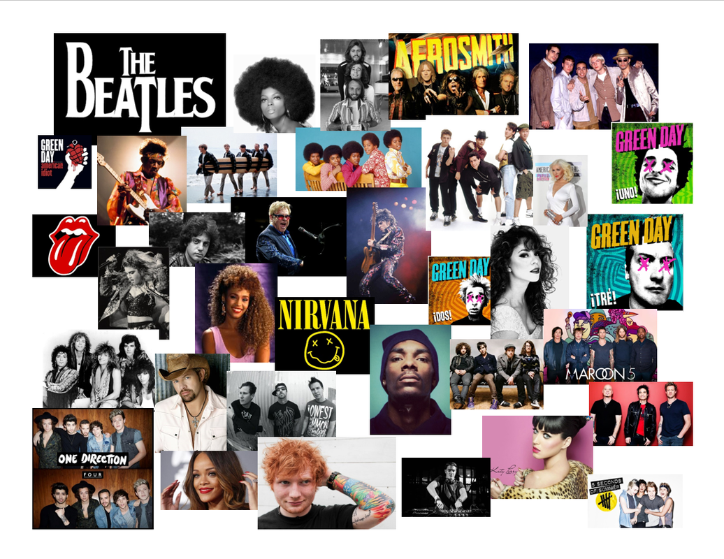 A collage of different album covers from different famous bands throughout the decades.