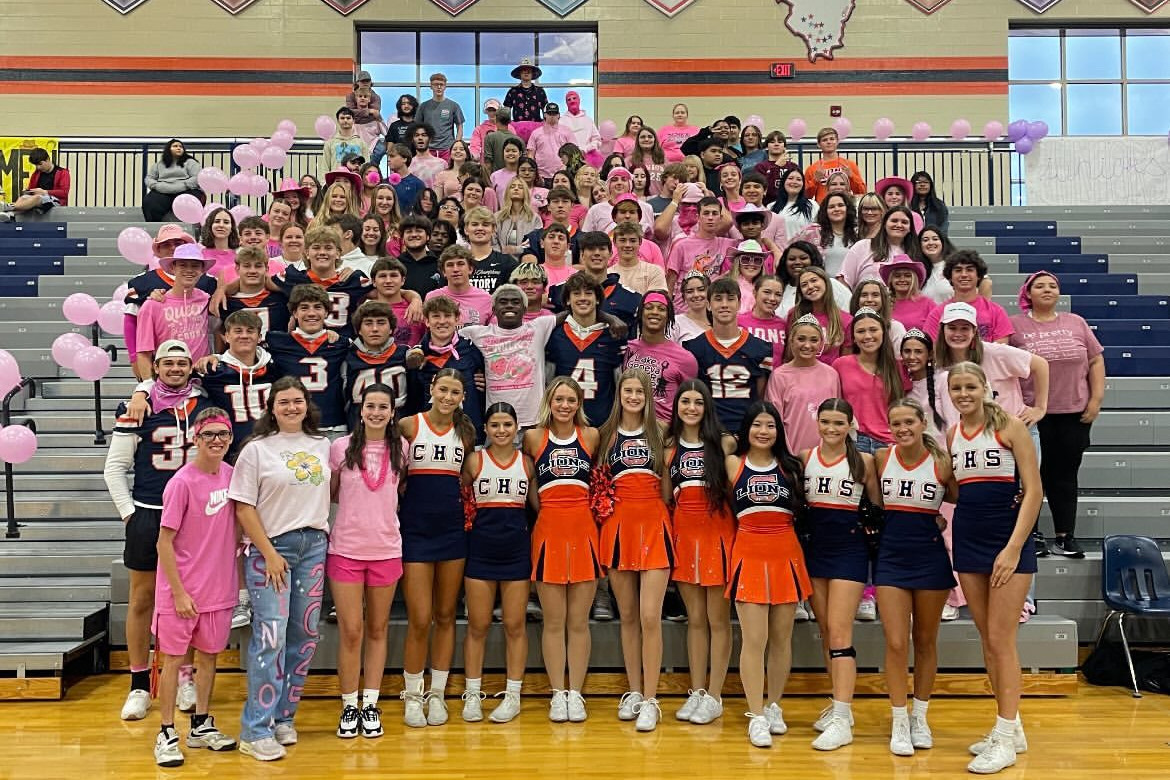 The Class of 2025 posing together for a photo during the Homecoming pep rally. 
