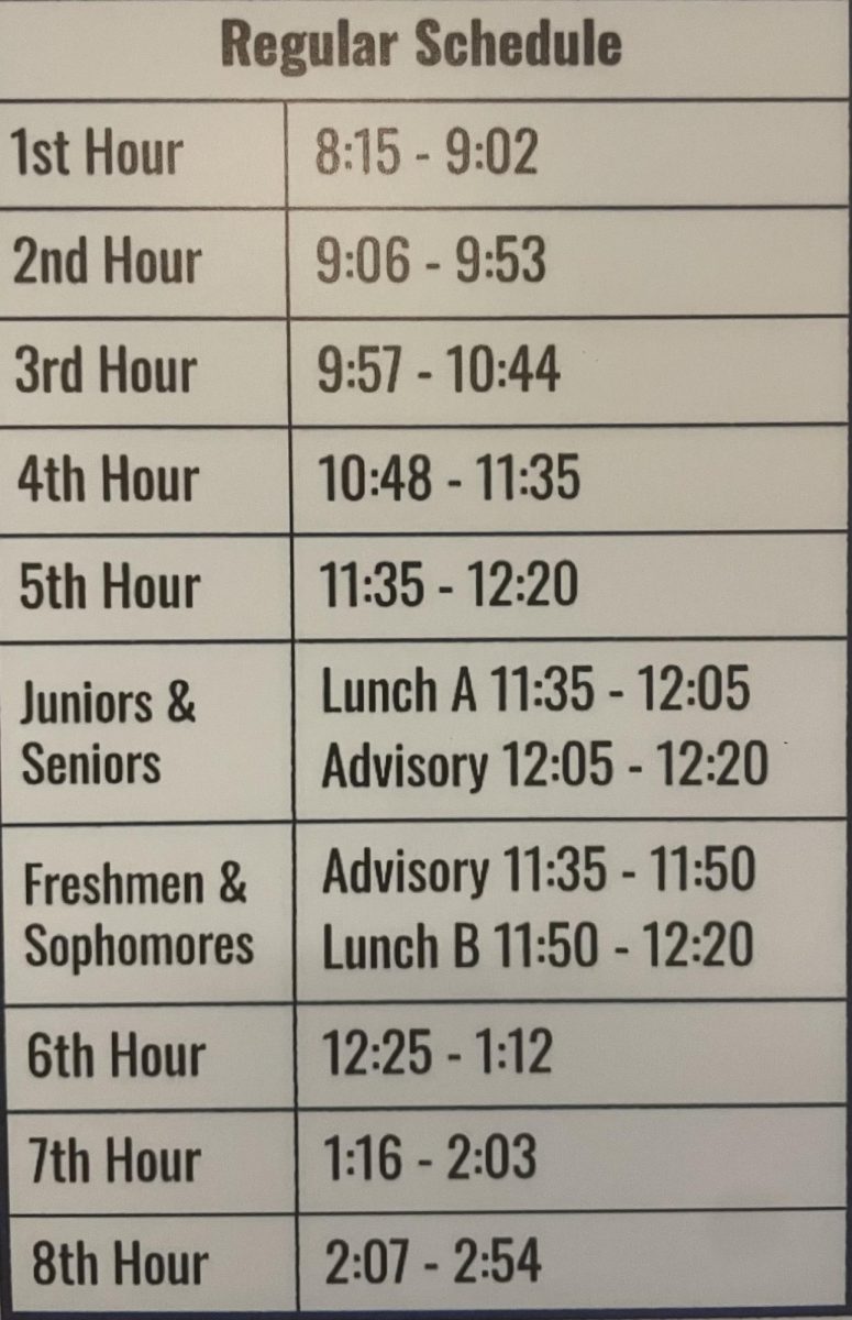 A photo of the 2025-2026 Carterville High School bell schedule.