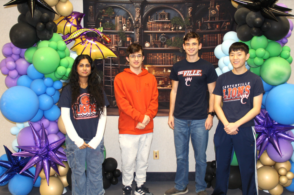 Seniors Tanya Arun, Maddox Seamen, James Samples, and Peter Bae posing for a photo after placing 4th at Brain Games 2026.