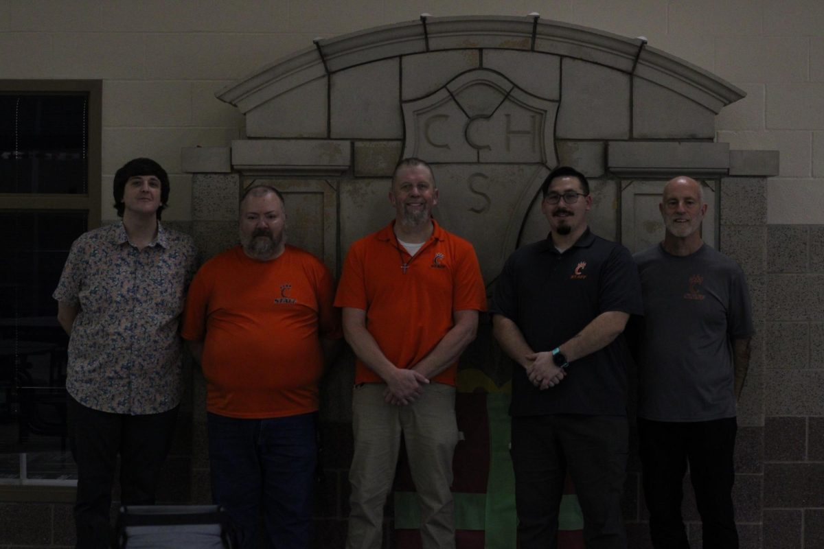 CHS has five janitors: (left to right) Kaleb Hunter, Aaron Beard, Chad Webb, James Mathew Wood, and Cecil Cohn. Without them, the school would not be the clean, safe and comfortable place it is. 